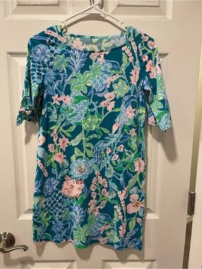Lilly Pulitzer Teal Floral Shift Dress with Pink & Green Accents